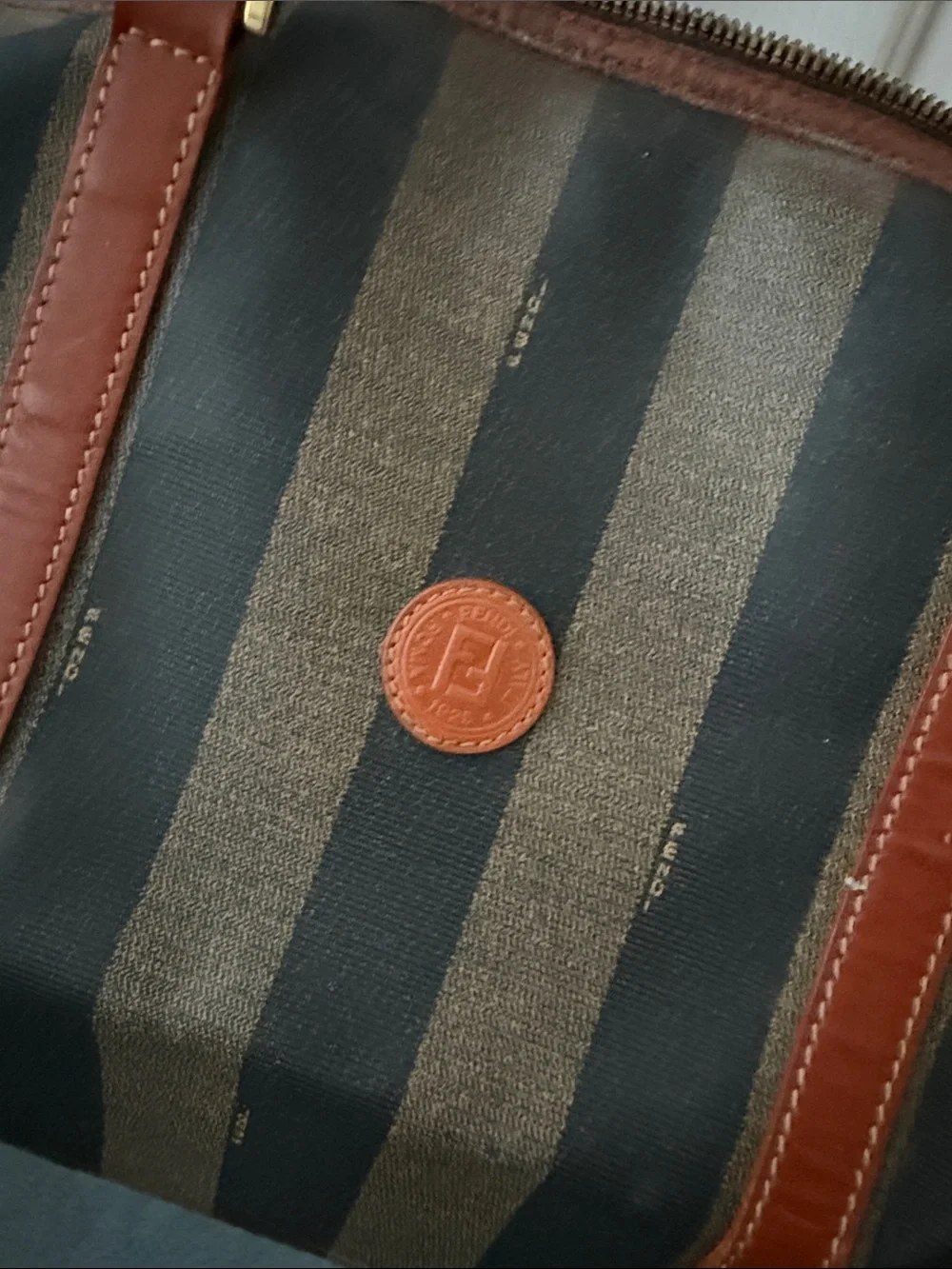 Fendi Vintage Pequin Brown & Dark Brown Striped Canvas Duffel with Leather Trim